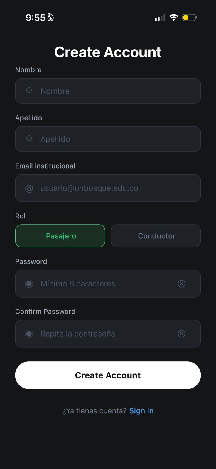Pantalla de Crear Cuenta con datos y roles